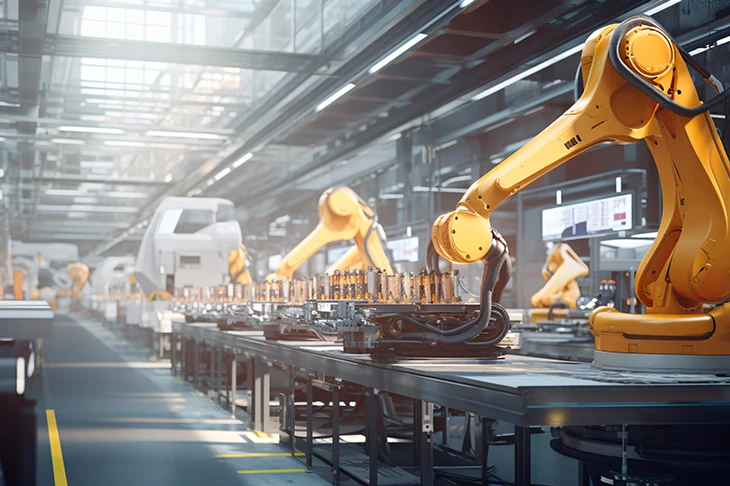 A production line of robotic arms in a factory setting.